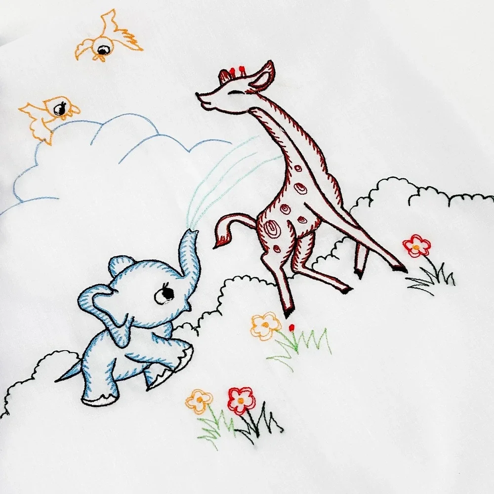 Vintage Embroidered Elephant Giraffe Toddler Bed Sheet & Pillowcase Set Handmade